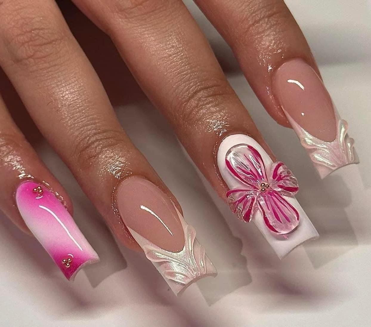 Long square French tips with pink ombre and a 3D flower accent nail